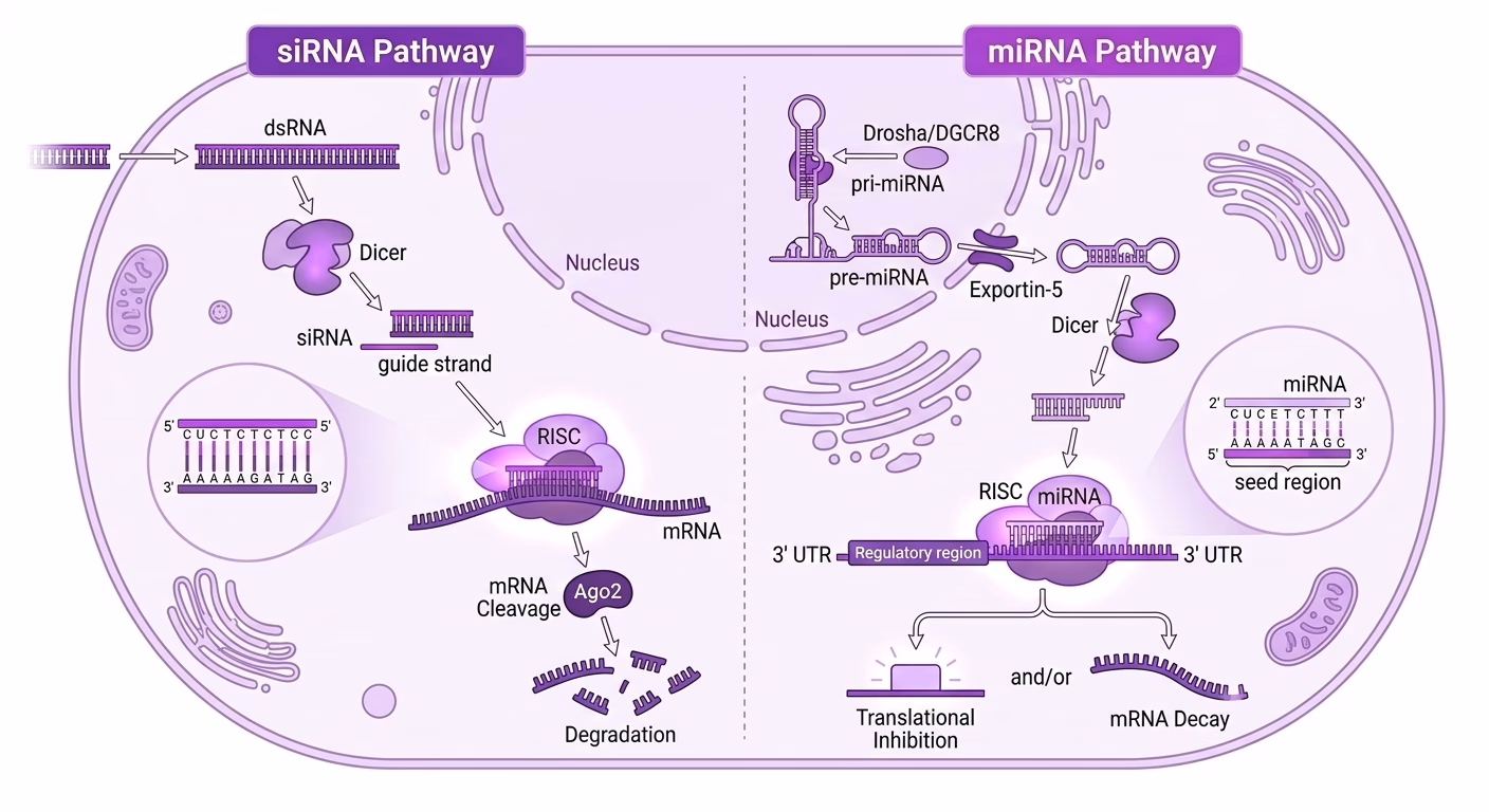 A detailed 2D schematic comparison of cellular gene silencing pathways shows the different regulatory roles of siRNA and miRNA.